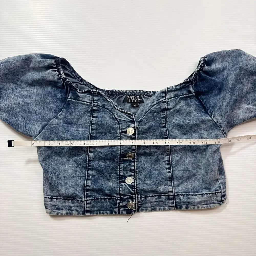 Denim Crop Top Puff Sleeve Women’s XL Acid Y2K Western Coquette Festival Rodeo - Picture 5 of 16